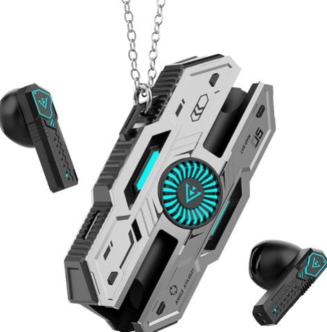 Auriculares inalámbricos gamer con estuche de carga LED azul sobre fondo oscuro