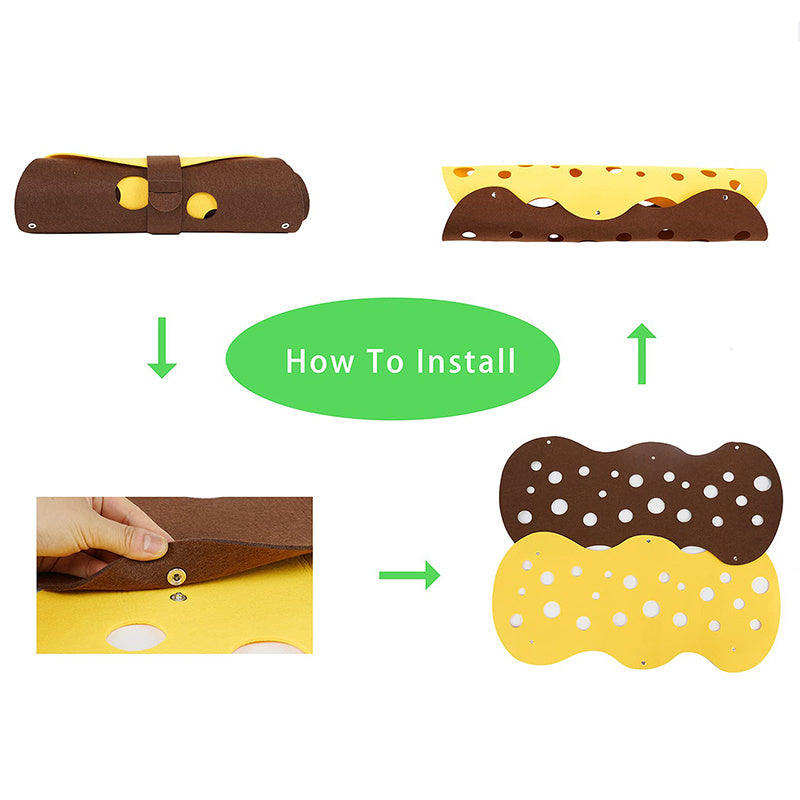 Secuencia que muestra cómo enrollar y fijar las piezas de fieltro del túnel para gatos 